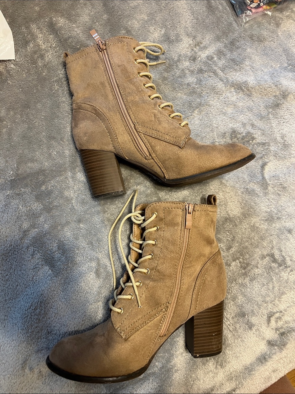 Women's Taupe Lace-Up Block Heel Ankle Boots